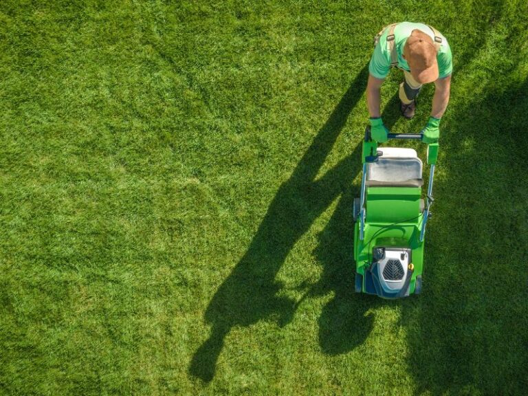 Lawn care business owner cutting lawn arial view